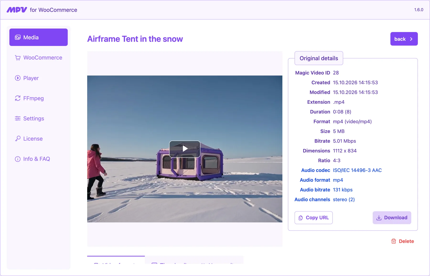 Video details: preview of the tent clip and its original file details